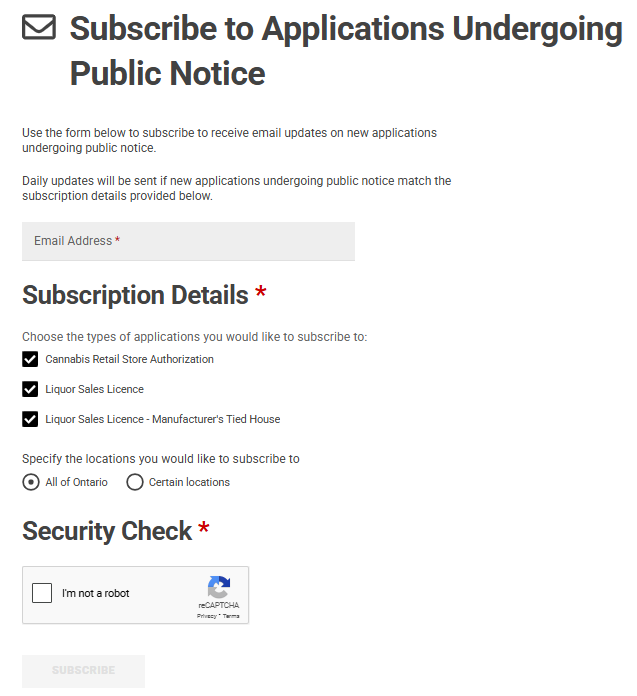 A screenshot of the subscription form